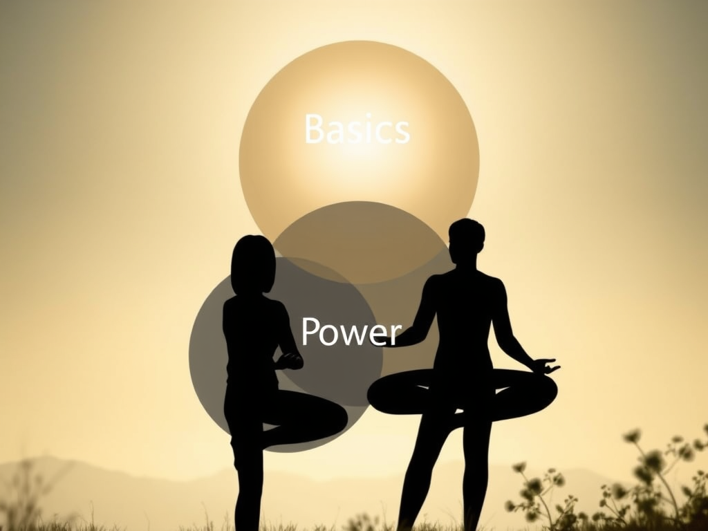 "three overlapping circles labeled 'Basics' 'Power' and 'Prana'", "soft glowing light connecting them", "gentle human silhouettes communicating warmly", "calm serene background with subtle nature elements"