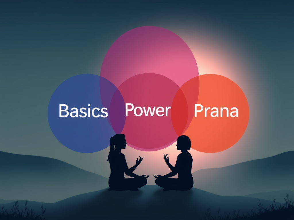 "three overlapping circles labeled 'Basics' 'Power' and 'Prana'", "soft glowing light connecting them", "gentle human silhouettes communicating warmly", "calm serene background with subtle nature elements"