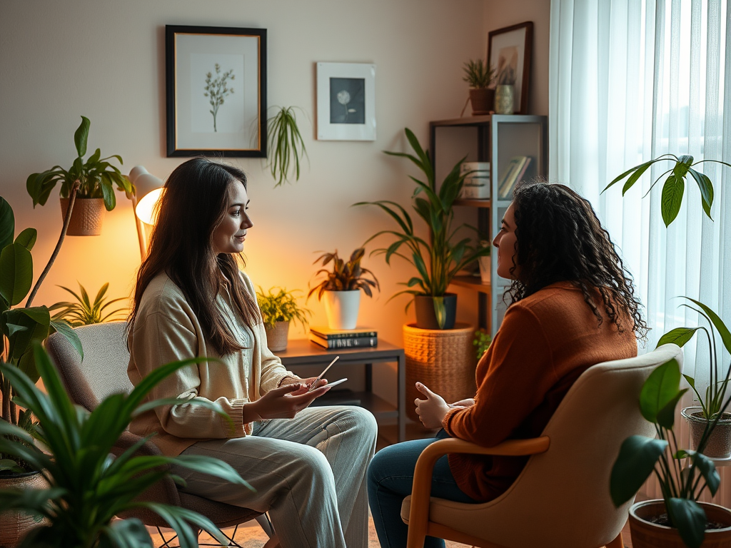 A calm professional therapist in a cozy, warmly lit office, engaging empathetically with a diverse client, surrounded by soft plants and soothing colors.