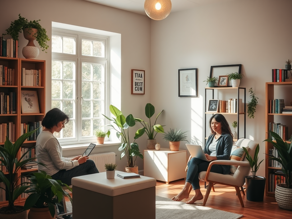 "a warm, inviting therapy room" with "soft natural light through a window" showing "calm, content professionals" working happily, surrounded by "organized bookshelves and plants," conveying "balance and fulfillment."