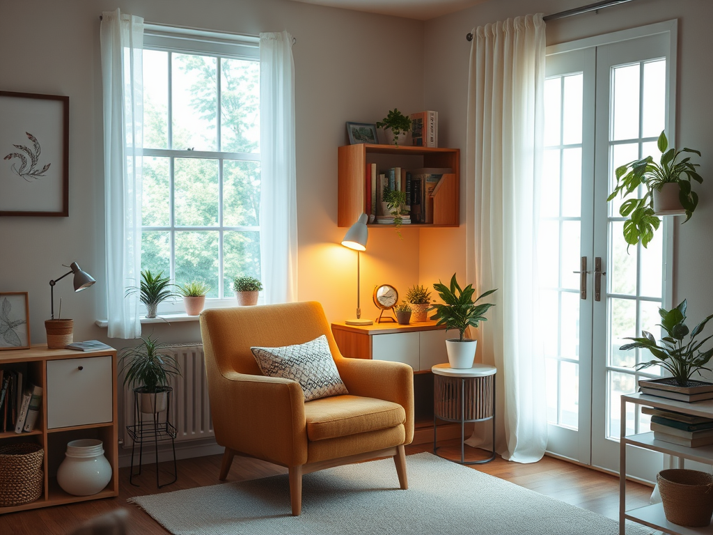 A calm therapist's cozy office with "a warm armchair," "soft natural light through a window," "books and plants on shelves," "a serene, inviting atmosphere," "subtle professional tools."