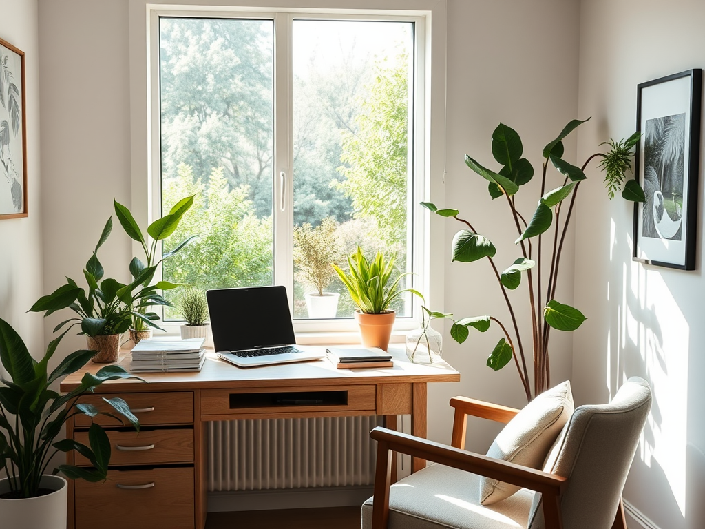 "calm therapist office" "soft natural light" "organized desk with laptop and notebooks" "peaceful indoor plants" "window view of serene garden" "comfortable chair inviting reflection"