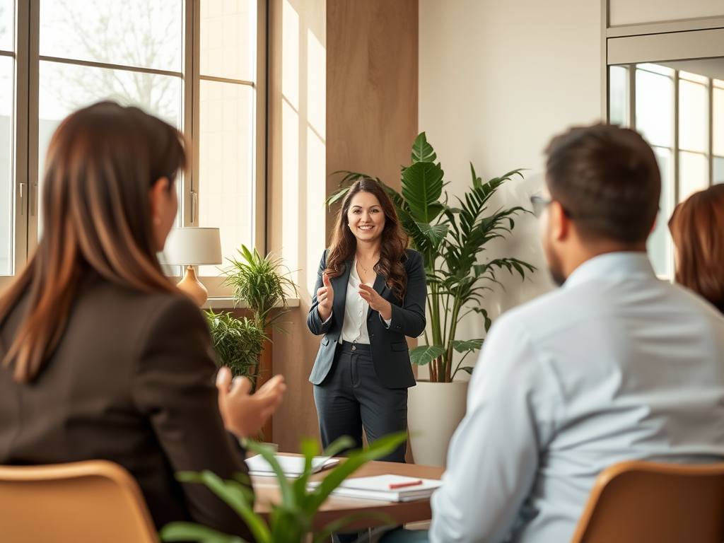 A serene professional setting with a confident person "speaking to a small group" in a warm, inviting room, "natural light filtering through large windows," subtle "green plants" around, and "soft, calming colors."