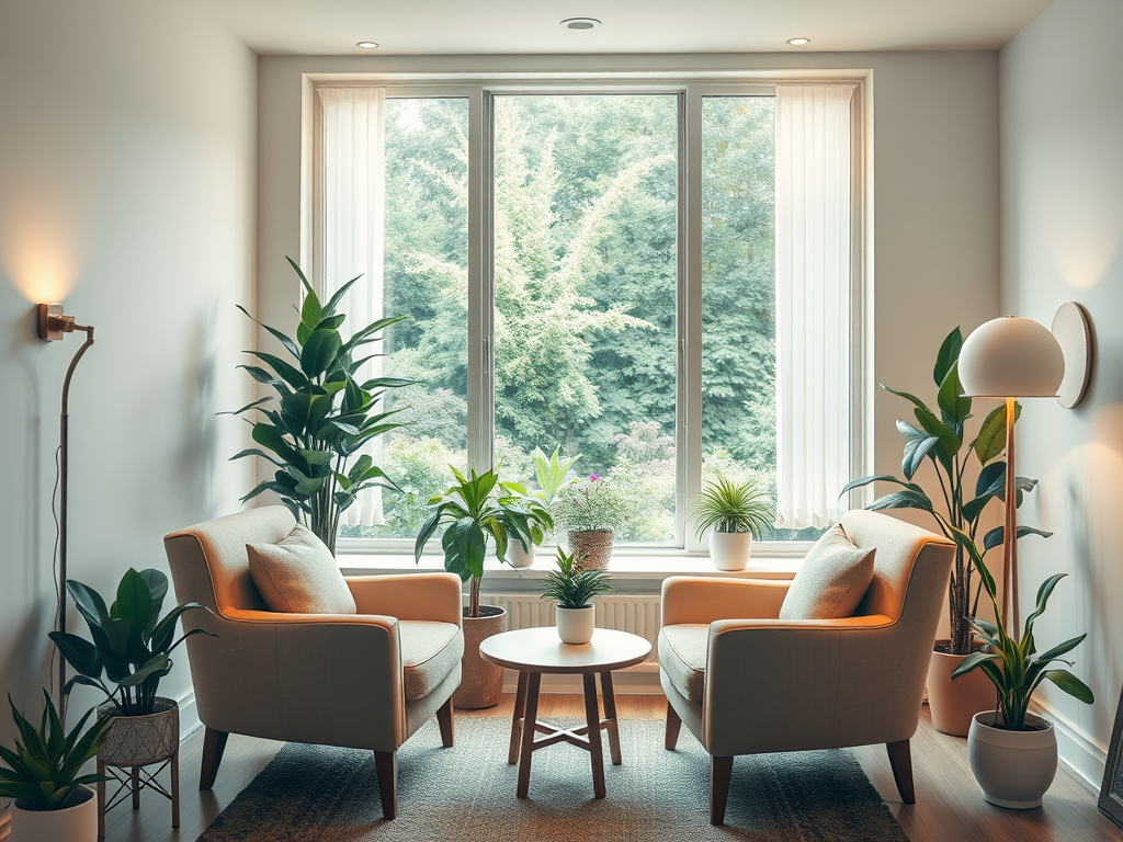"a serene therapist's office" with "warm, soft lighting," "comfortable armchairs," "calming plants," and a "window overlooking a peaceful garden," evoking trust and authenticity