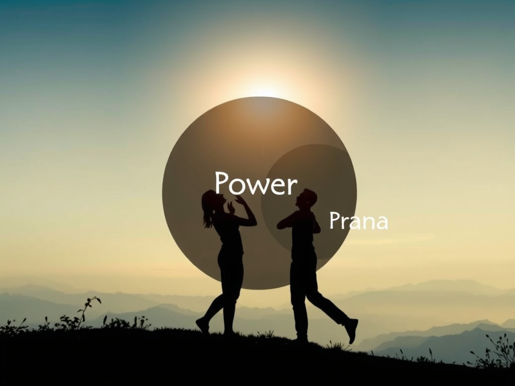 "three overlapping circles labeled 'Basics' 'Power' and 'Prana'", "soft glowing light connecting them", "gentle human silhouettes communicating warmly", "calm serene background with subtle nature elements"