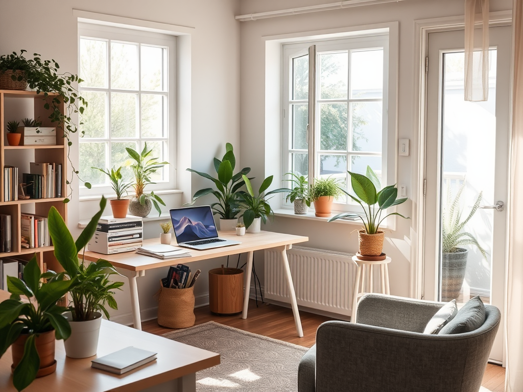 "calm therapist office" "soft natural light" "organized desk with laptop and notebooks" "peaceful indoor plants" "window view of serene garden" "comfortable chair inviting reflection"