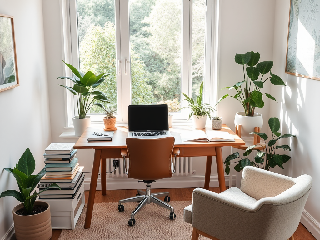 "calm therapist office" "soft natural light" "organized desk with laptop and notebooks" "peaceful indoor plants" "window view of serene garden" "comfortable chair inviting reflection"