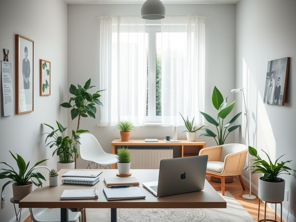 "a serene therapist's office" "natural light flooding in" "calm, organized workspace" "tools like notebooks, laptop, plants" "soft colors promoting peace and balance" "symbols of growth and autonomy subtly included"