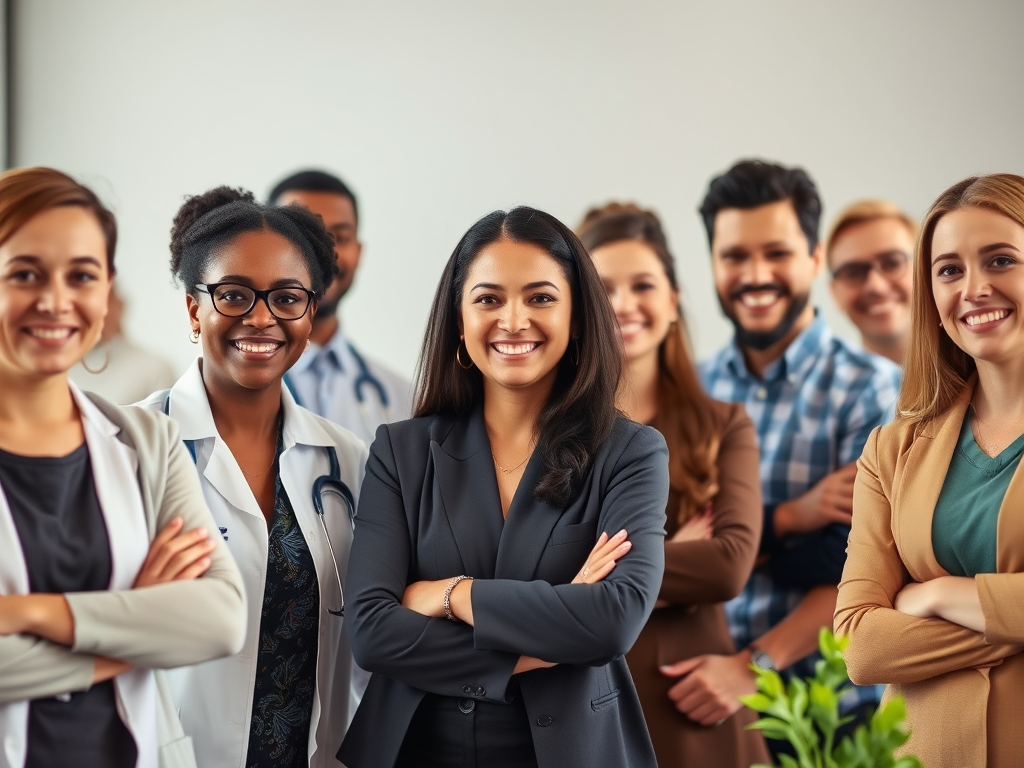 "diverse group of confident professionals", "warm, inviting workshop setting", "engaged expressions", "subtle hints of healthcare environment", "calm, supportive atmosphere"