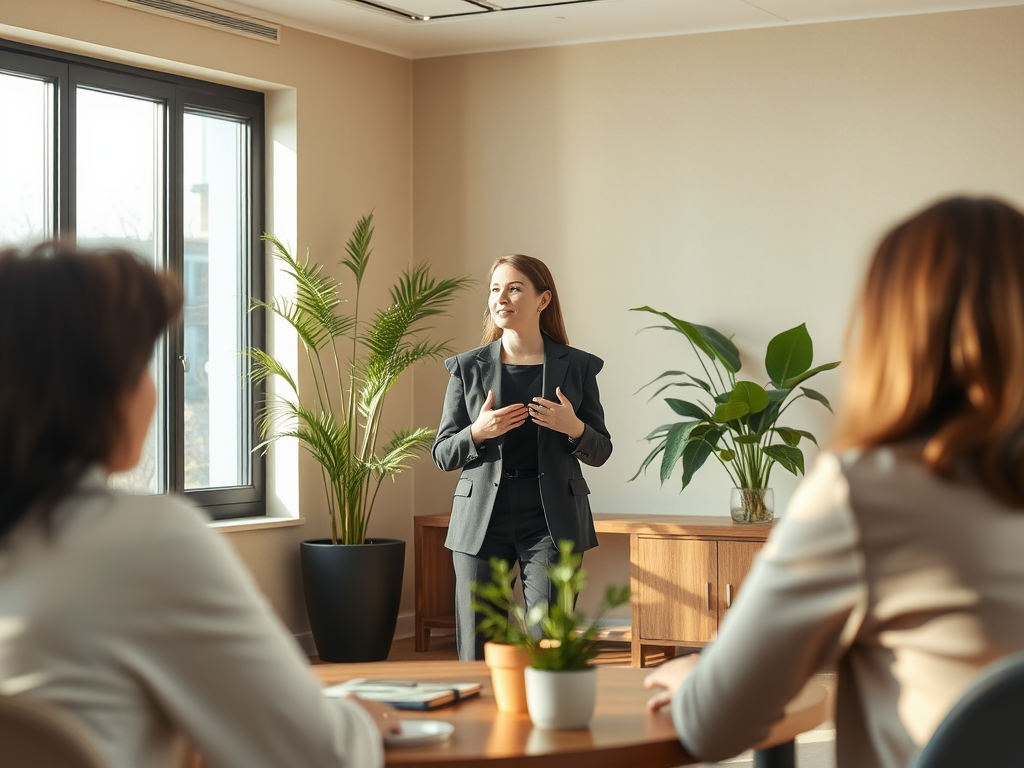 A serene professional setting with a confident person "speaking to a small group" in a warm, inviting room, "natural light filtering through large windows," subtle "green plants" around, and "soft, calming colors."