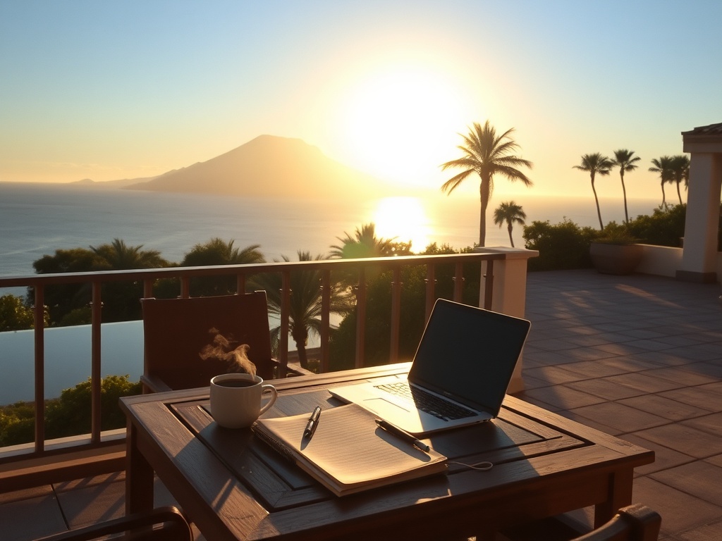 "Sunlit coastal villa terrace" "writer at wooden table with notebook, steaming coffee, laptop" "distant volcanic peak, palm trees, golden morning light" "small group silhouettes walking along path" "calm, focused, warm palette, soft cinematic depth"