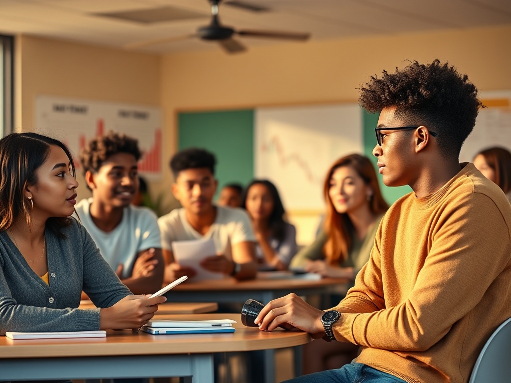 "A vibrant classroom scene with a diverse group of young adults engaging with money mindset concepts, warm lighting, subtle graphs, and calm, motivational atmosphere."