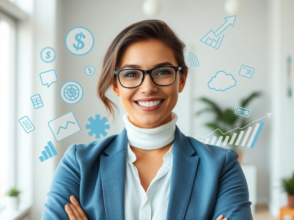 "A confident young mentor in a modern studio, surrounded by soft, financial-leaning symbols, charts, and light blue tones, empowering growth and freedom."