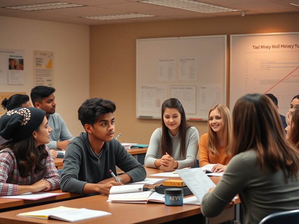 "A vibrant classroom scene with a diverse group of young adults engaging with money mindset concepts, warm lighting, subtle graphs, and calm, motivational atmosphere."