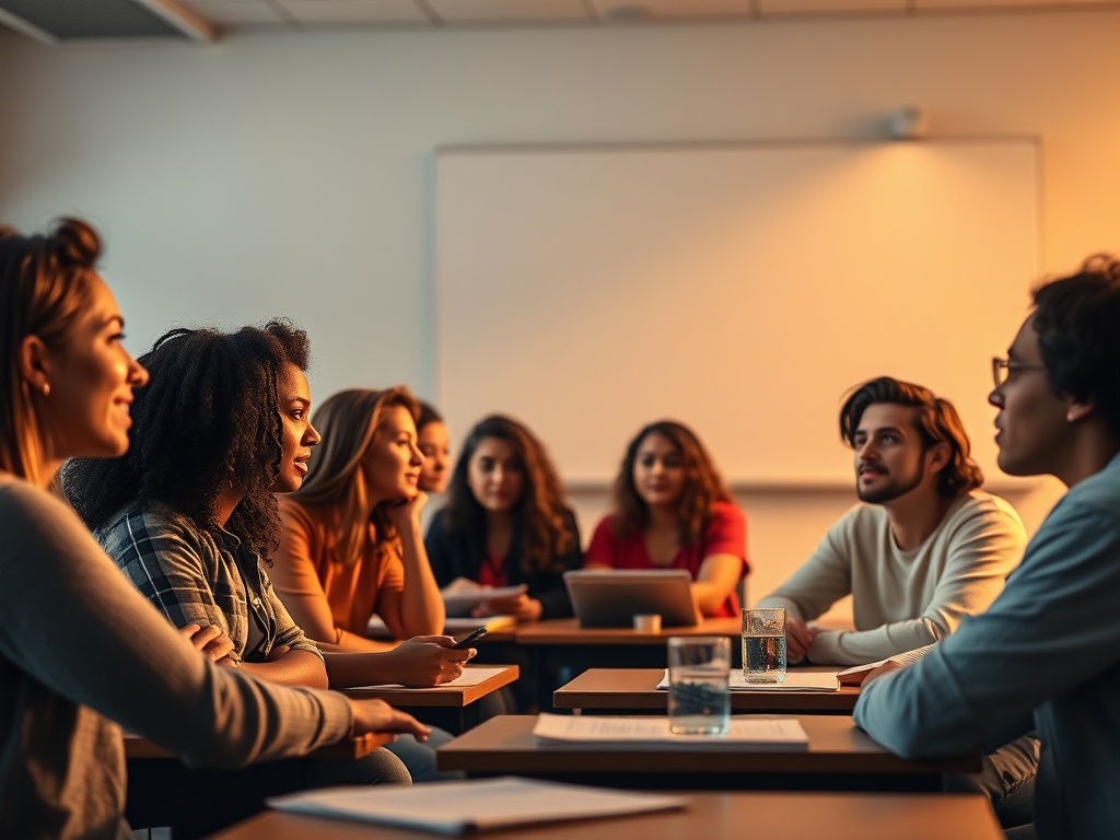 "A vibrant classroom scene with a diverse group of young adults engaging with money mindset concepts, warm lighting, subtle graphs, and calm, motivational atmosphere."