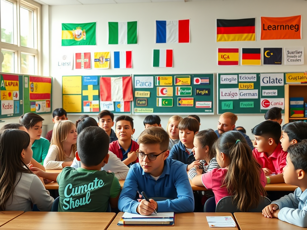 Een levendige klaslokaal met diverse leerlingen die talen leren.