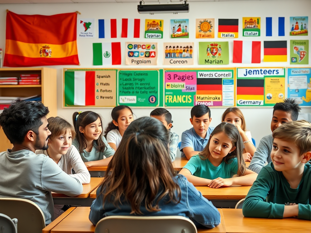 Een levendige klas met diverse leerlingen die talen leren.