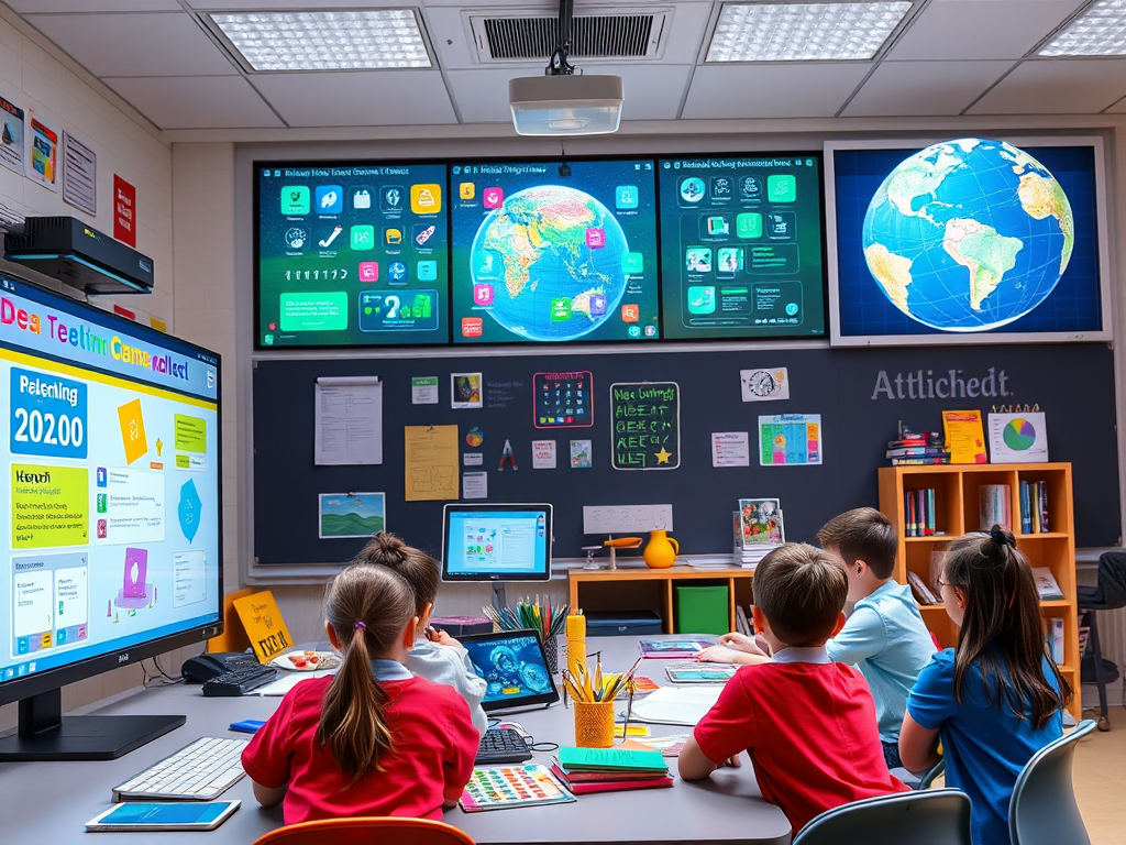 Een levendige digitale klas met interactieve schermen en leerlingen.