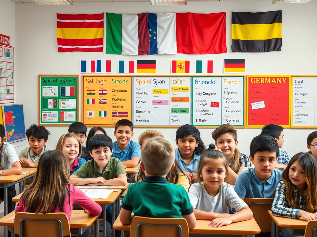 Een kleurrijke klas vol diverse leerlingen leert talen.
