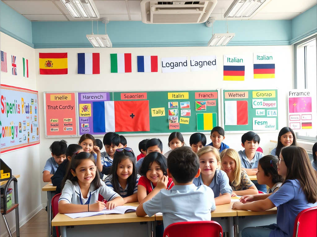 Een levendige klas met diverse leerlingen die talen leren.