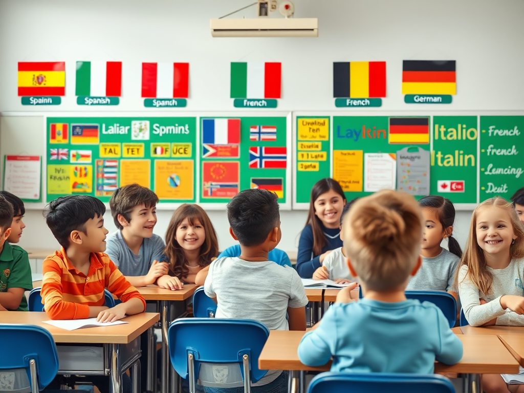 Een levendige klas met diverse leerlingen die talen leren.