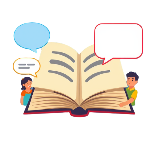 Kleurrijk boek met spraakballonnen en diverse mensen.