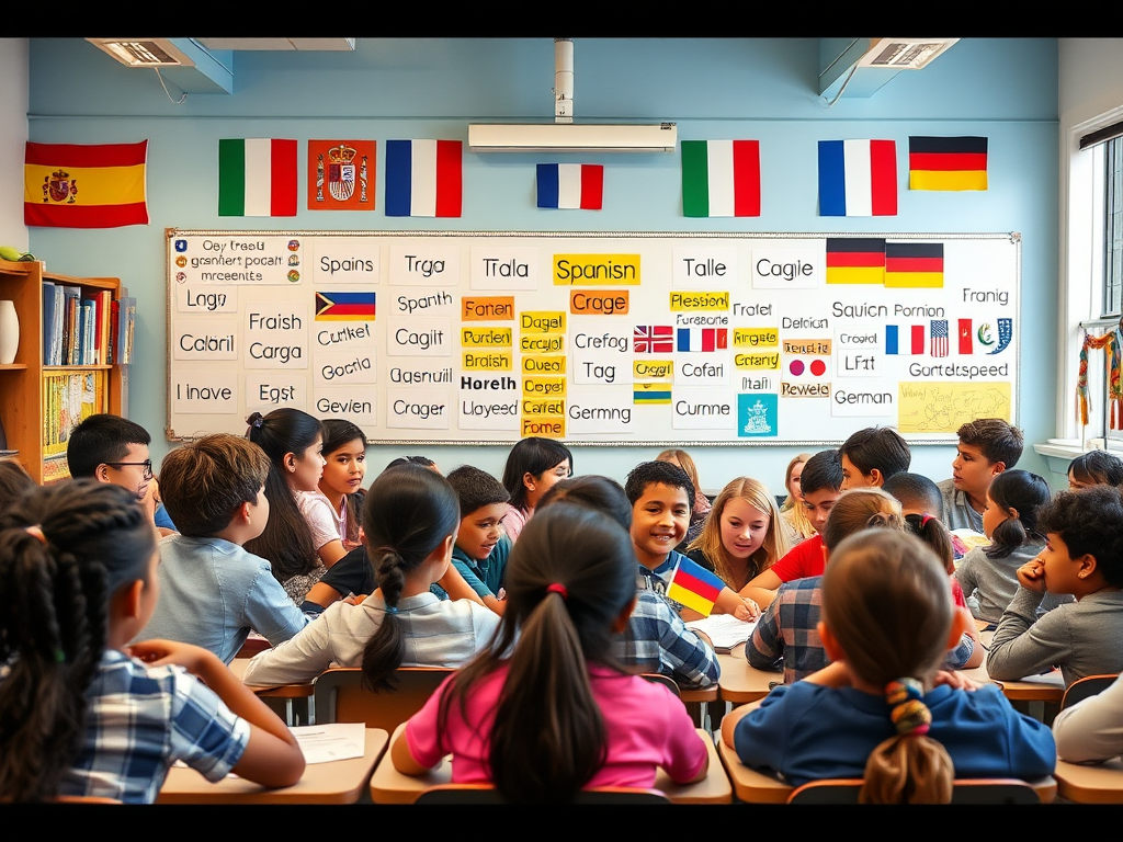 Een levendige klas met diverse leerlingen die talen leren.