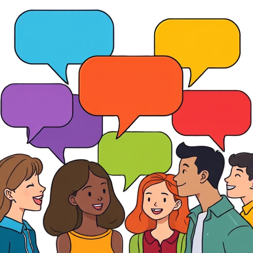Vijf mensen in gesprek met kleurrijke spraakballonnen.