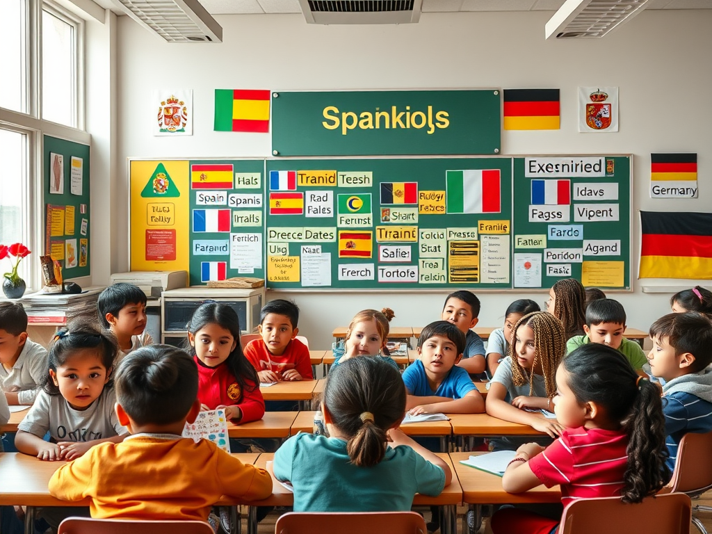 Een levendige klas met diverse leerlingen die talen leren.