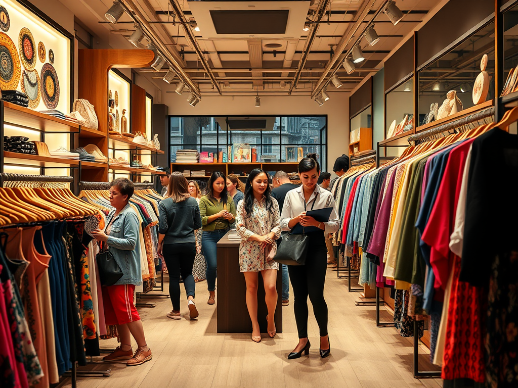 "a stylish boutique interior" with "diverse happy shoppers browsing" under "warm ambient lighting" featuring "clothing racks filled with vibrant apparel" and a "friendly shop assistant helping a customer."