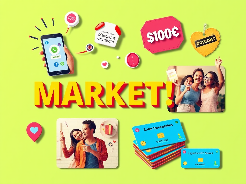 "A vibrant marketing concept collage" showing "smartphone collecting contacts", "discount tags shining brightly", "excited people entering sweepstakes", and "loyalty cards with points stacking."