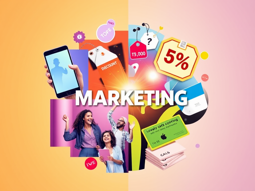 "A vibrant marketing concept collage" showing "smartphone collecting contacts", "discount tags shining brightly", "excited people entering sweepstakes", and "loyalty cards with points stacking."