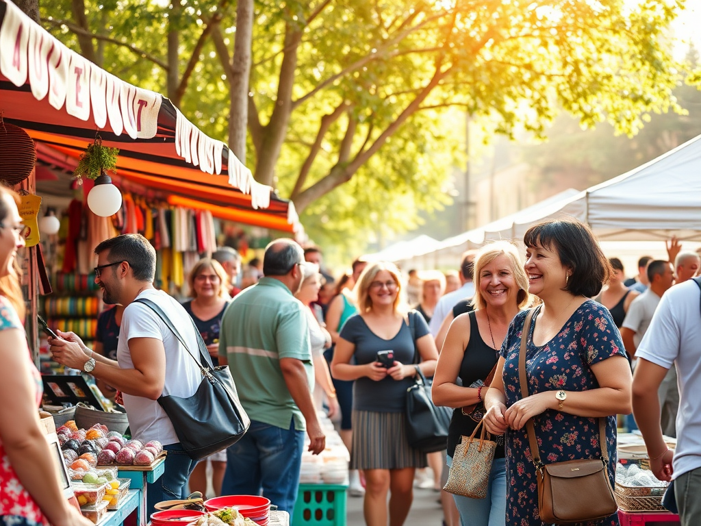 A vibrant, bustling local market scene, "people engaging warmly," "colorful stalls with handmade goods," "interactive community events outdoors," "joyful expressions," "sunlight filtering through trees"