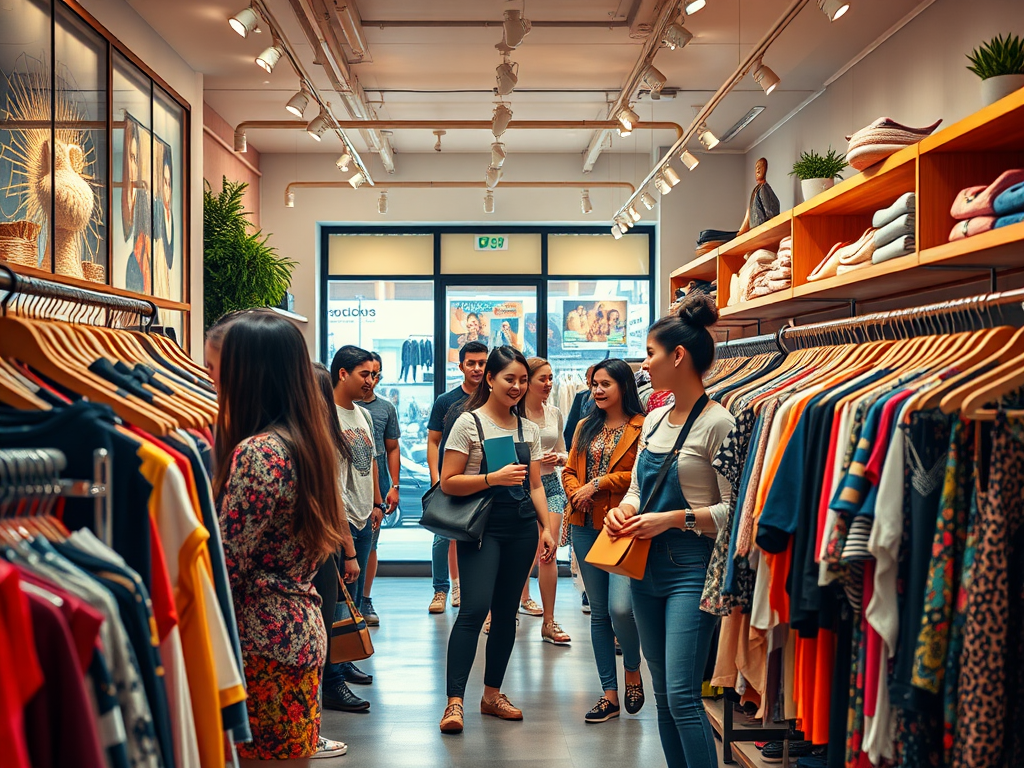 "a stylish boutique interior" with "diverse happy shoppers browsing" under "warm ambient lighting" featuring "clothing racks filled with vibrant apparel" and a "friendly shop assistant helping a customer."