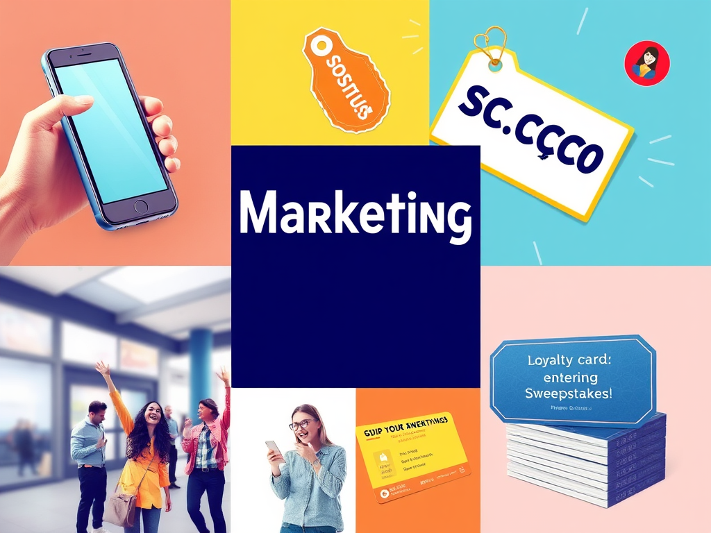 "A vibrant marketing concept collage" showing "smartphone collecting contacts", "discount tags shining brightly", "excited people entering sweepstakes", and "loyalty cards with points stacking."