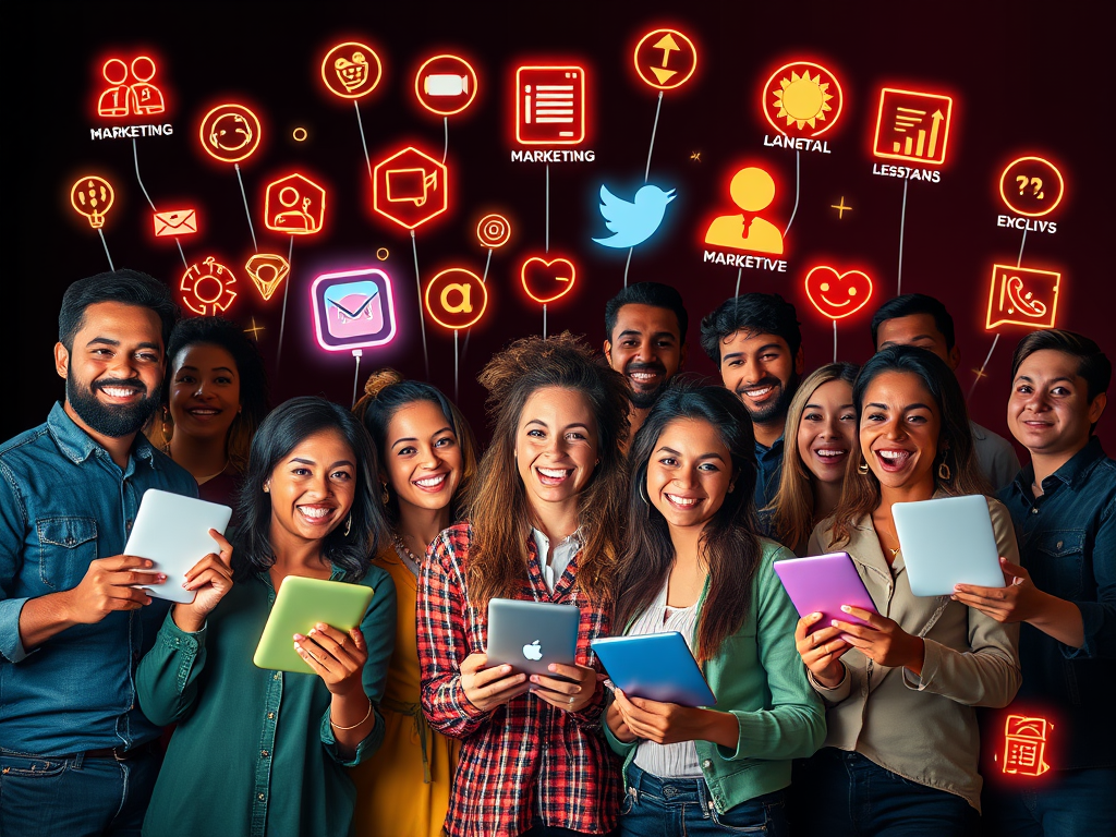A vibrant, diverse group of happy customers sharing success stories, surrounded by glowing digital icons symbolizing marketing, loyalty rewards, and social media connections.