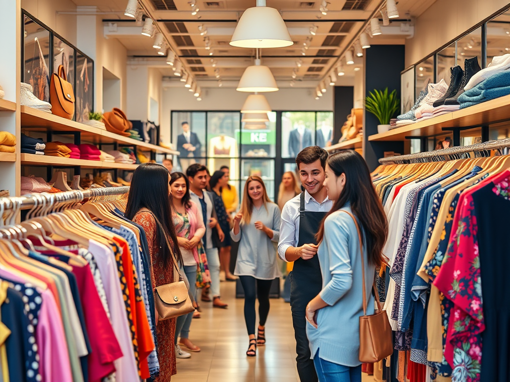 "a stylish boutique interior" with "diverse happy shoppers browsing" under "warm ambient lighting" featuring "clothing racks filled with vibrant apparel" and a "friendly shop assistant helping a customer."