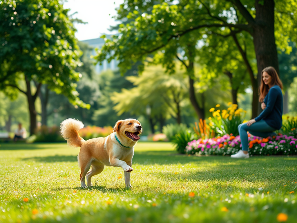 Een blije hond speelt in een park met bloemen.