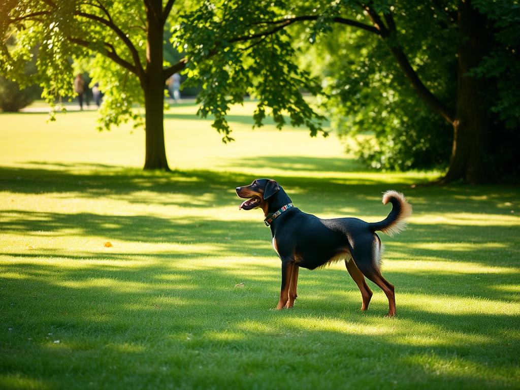 Een hond staat op een zonnig grasveld in het park.