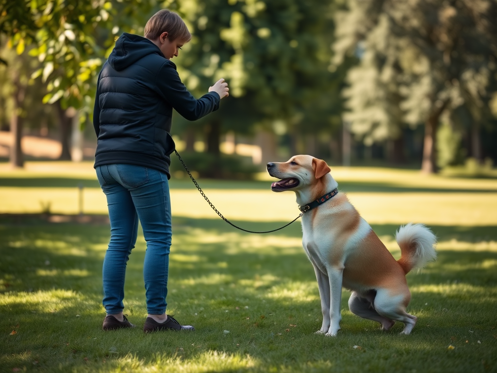 Een persoon traint een hond in een groen park.