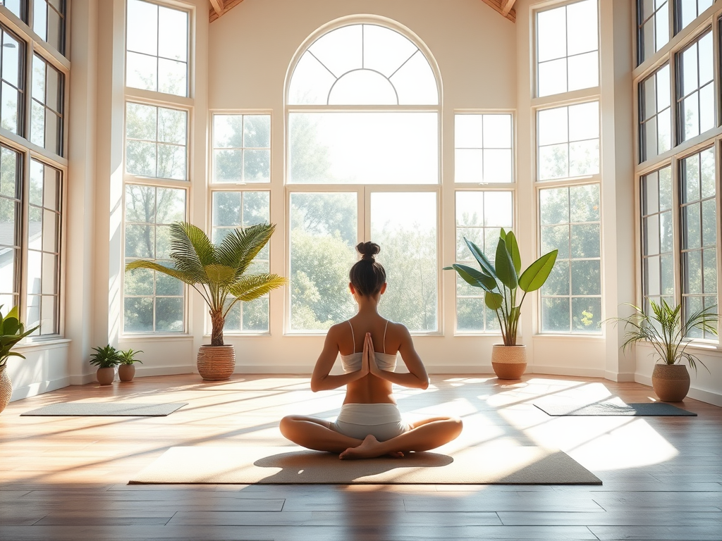 A peaceful yoga practitioner meditating in a sunlit studio.