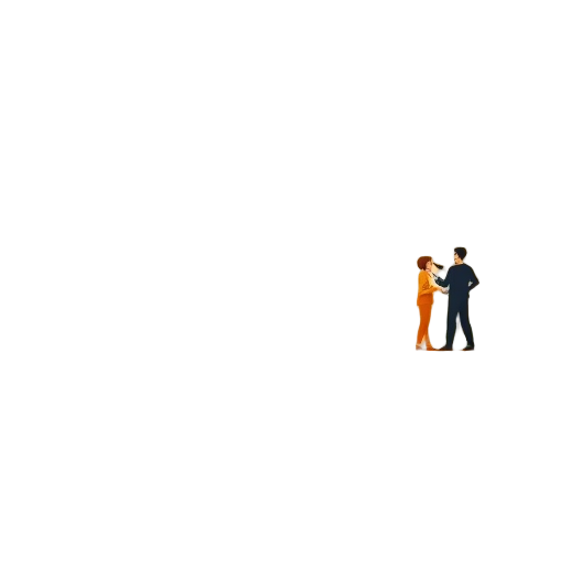 Two people discussing in an architectural setting.