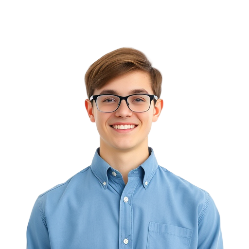 A smiling person in a blue shirt and glasses.
