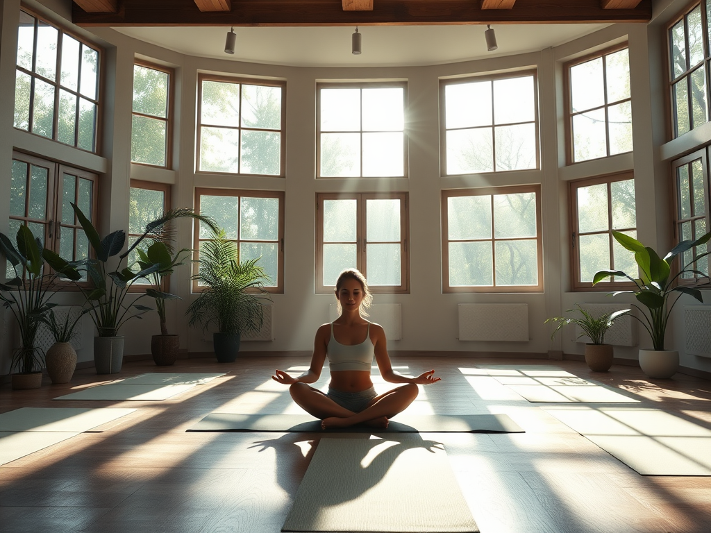 A calm yoga studio with a practitioner meditating.