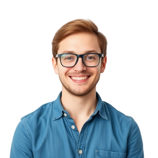 Smiling person in a blue shirt against a white background.