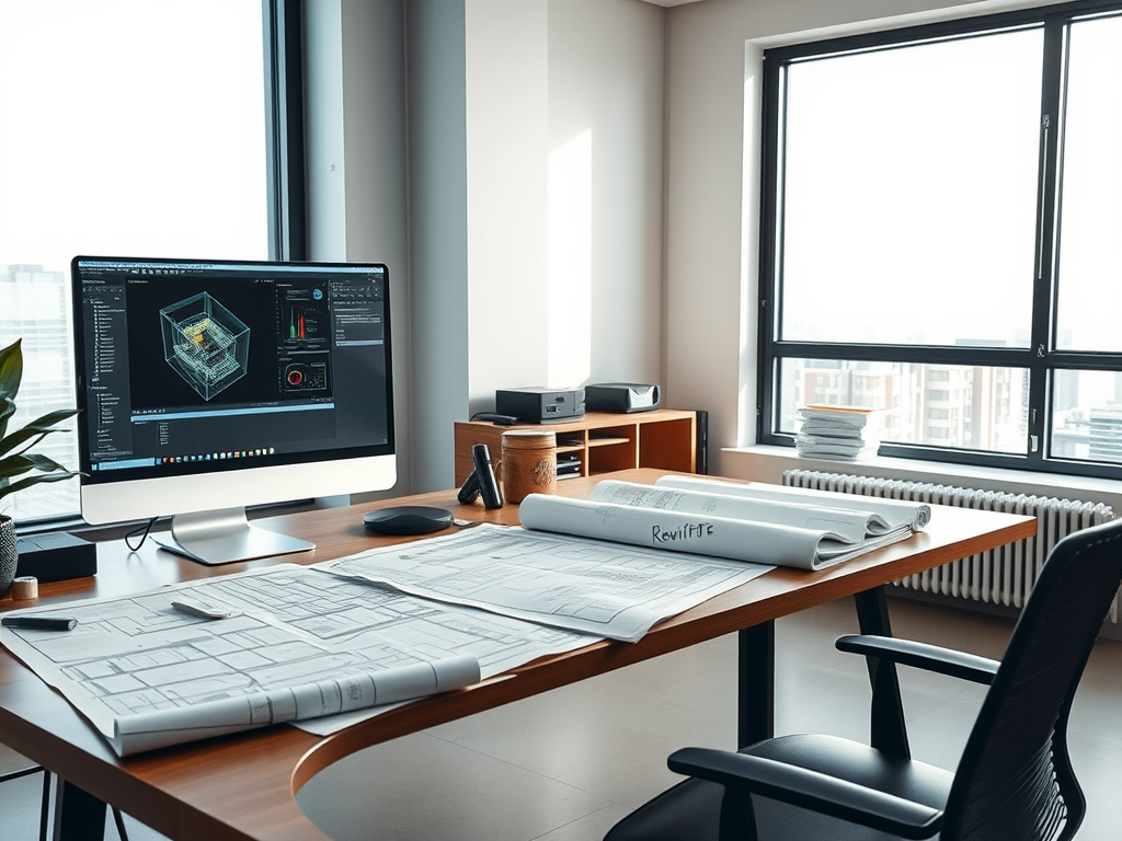 Architect's workspace with computer, blueprints, and large window.
