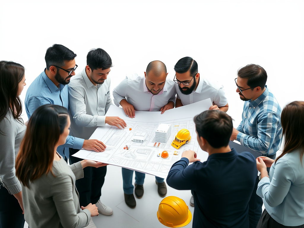 A diverse group of professionals examining a large blueprint together.