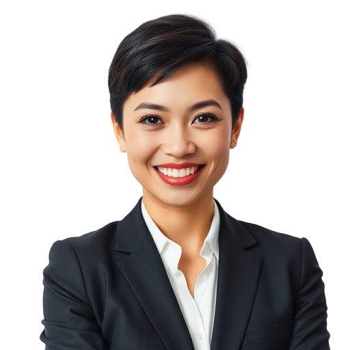 A smiling person in a black suit against a white background.