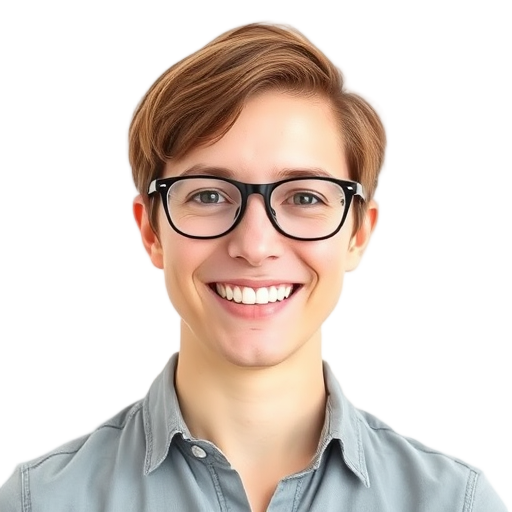A smiling person with glasses against a white background.