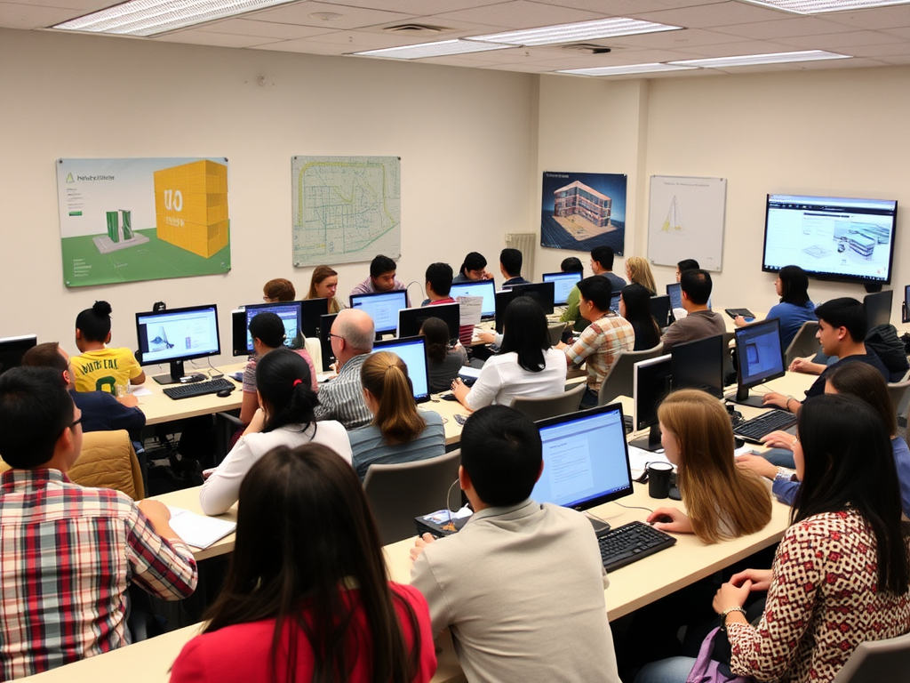 A classroom full of students using BIM software on computers.